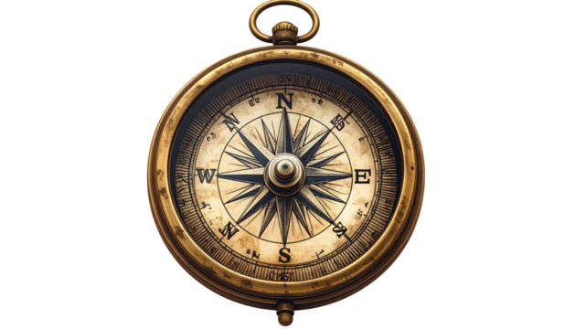 Antique brass compass shows direction on dark background