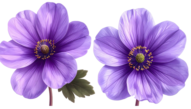 Two purple flowers, open petals and detailed yellow centers