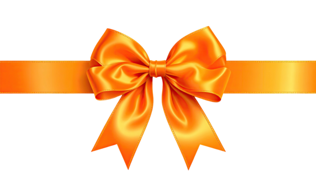 Lustrous orange satin bow with horizontal band on black backdrop