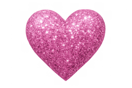 Pink glitter heart creating a shining texture, symbolizing love and romance on a transparent background