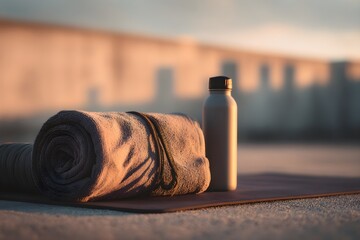 Yoga mat, rolled towel and water bottle on a concrete rooftop at sunrise, city shadows stretching across the surface, ready for an outdoor morning workout and mindful practice