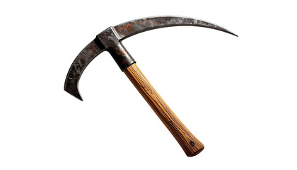 A rusty, curved blade tool with a wooden handle