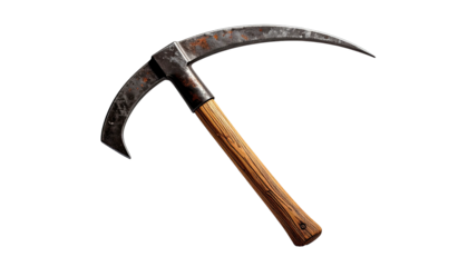 A rusty, curved blade tool with a wooden handle