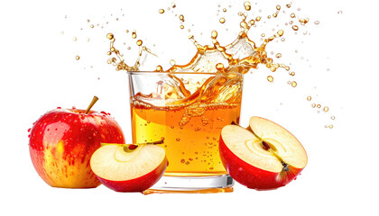 Apple juice splashing in glass, beside whole, sliced red apples