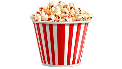 Popcorn overflows red/white striped container on black background