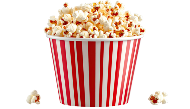 Bucket full of popcorn, red and white stripes container