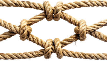 Woven ropes with knots form a diamond-shaped grid on black