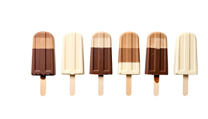 Array of six chocolate-dipped ice cream pops on sticks