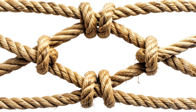 Woven ropes with knots form a diamond-shaped grid on black