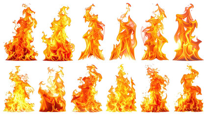 Twelve flames, orange, yellow, against black background, dancing