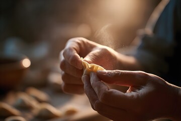 Hands folding fresh dumpling dough in a close-up kitchen scene, crafting traditional asian dumplings by hand under warm, soft light—homemade, skillful food preparation