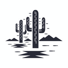 Monochrome Cacti Silhouettes Desert Landscape on White Background