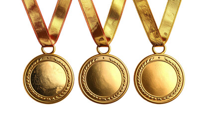 Trio of shiny golden medals hanging with dark ribbons overhead