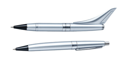 Two silver, ballpoint pens with black tips on a blank backdrop