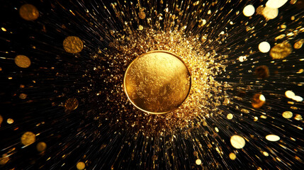 Abstract gold particles flowing into the shape of a coin, symbolizing purity and growth in gold investments