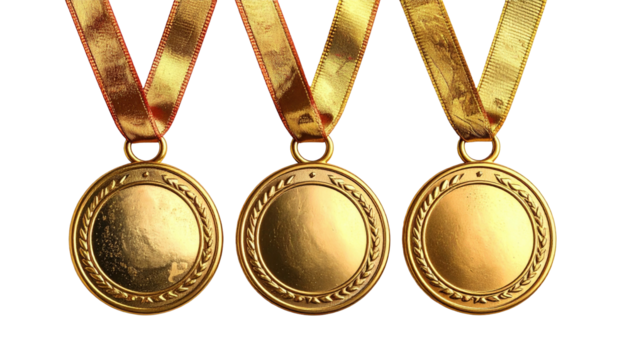Trio of shiny golden medals hanging with dark ribbons overhead