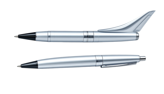 Two silver, ballpoint pens with black tips on a blank backdrop