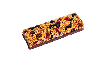 Granola bar, chocolate base, with dried fruit, against black