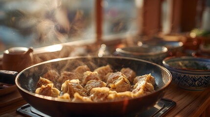 Pan-frying delicious asian dumplings, steaming hot and ready to eat, creating a comforting homemade meal experience, fresh from the kitchen skillet