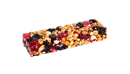 Rectangular granola bar with dried fruits isolated on black