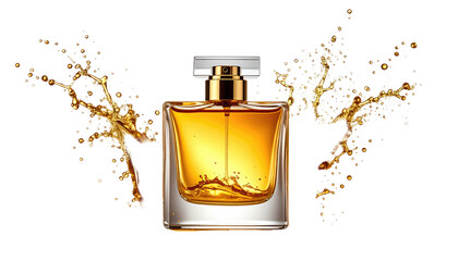 Elegant perfume bottle with golden liquid splash background