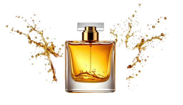 Elegant perfume bottle with golden liquid splash background