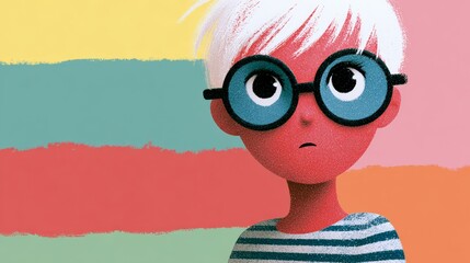 Young boy with white hair and round glasses, wearing a striped shirt, gazes thoughtfully against a colorful striped background, capturing a moment of curiosity and innocence in a playful illustration
