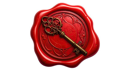 Red wax seal with ornamental key atop a decorative design