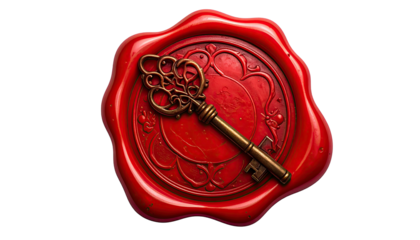 Red wax seal with ornamental key atop a decorative design