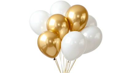 Gold & white balloons bunch together on a transparent backdrop
