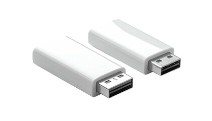 Two white USB drives, angled, cast soft shadows on black