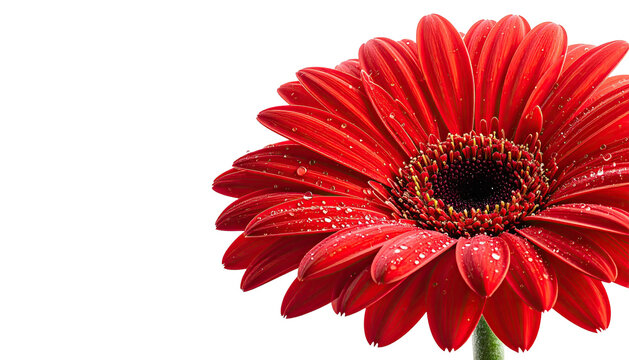Vibrant red gerbera daisy with delicate water droplets on petals