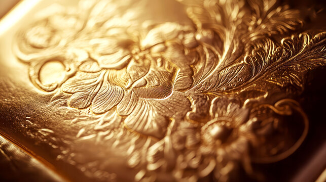 Closeup of a pure gold bar with fine engravings, symbolizing wealth and secure investment