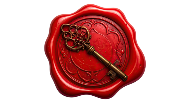 Red wax seal with ornamental key atop a decorative design