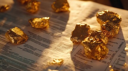 Closeup of pure gold nuggets on a financial report, symbolizing the natural purity and value in gold investments