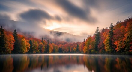 Fototapeta premium Serene autumn landscape with vibrant foliage reflecting in calm lake water under a cloudy sky