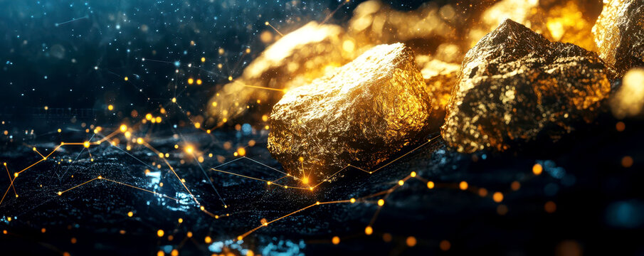 Gold bullion glowing against a dark background, financial data overlay symbolizing the purity and security of gold