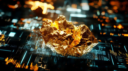 Pure gold bullion surrounded by digital charts, symbolizing modern investments in gold with a focus on purity