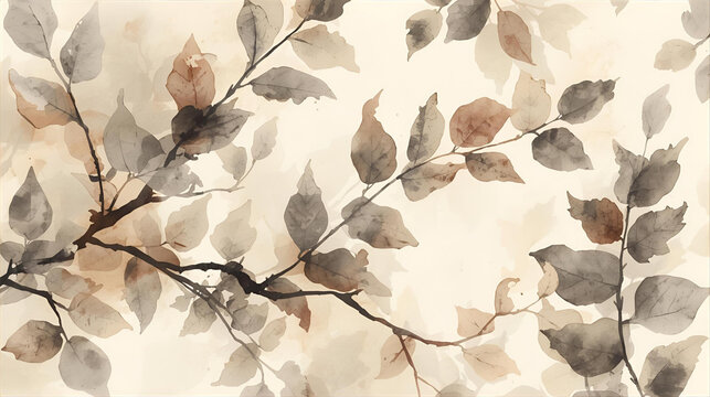Watercolor illustration of delicate branches with soft beige leaves on white.

