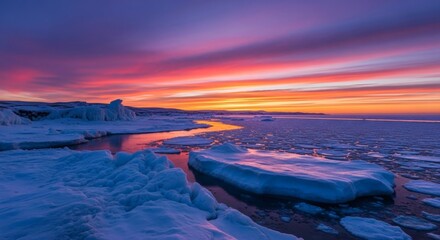 Stunning arctic sunrise colors the sky over icy waters filled with broken ice