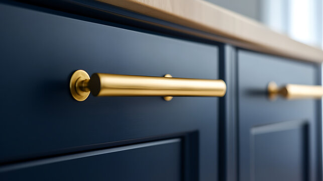 Elegant navy blue cabinetry is accentuated with gleaming gold handles. The design offers a touch of sophistication to the kitchen, making it functional and stylish.