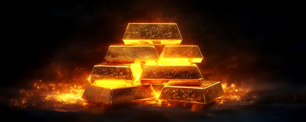 A stack of gold bars with a glowing aura, symbolizing purity and the timeless value of gold as an investment