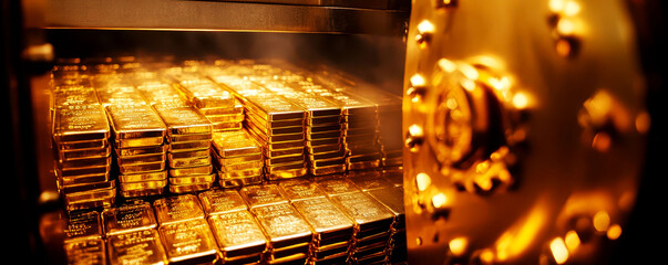 A vault door opening to reveal stacks of gold bars, symbolizing the ultimate security and purity of gold as an investment