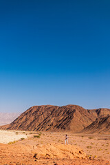 The stunning natural beauty of Timna National Park. A female hiker with a backpack walks through the desert, admiring the view of the cliffs and canyon. Timna National Park, Israel.