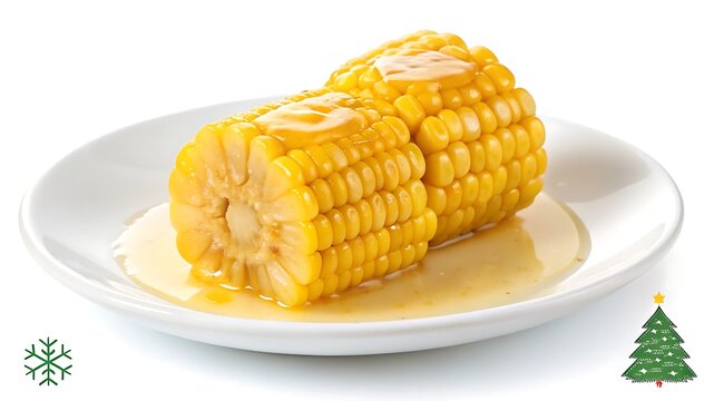Two corn cob segments bathed in melted butter on a white plate