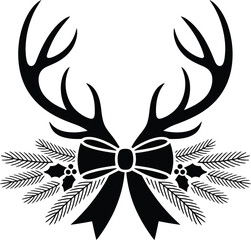 Christmas Deer Antlers Silhouette with Bow, Pine Sprigs, Holly Leaves and Berries ? Festive Black Vector Design