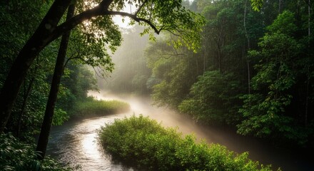 Serene river winding through lush rainforest with sunlight filtering through the canopy
