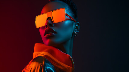 Futuristic fashion portrait of a person with neon lights and bold sunglasses. Captivating and stylish depiction of modern aesthetic and edgy vibe. An icon of style.