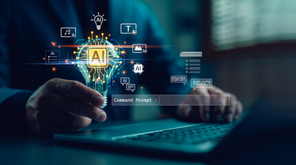 Businessman holding a glowing AI light bulb with digital prompt interface, symbolizing artificial...