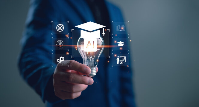 Businessman holding AI light bulb with graduation cap icon, representing artificial intelligence in education, smart learning systems, online courses, digital transformation and e-learning technology.